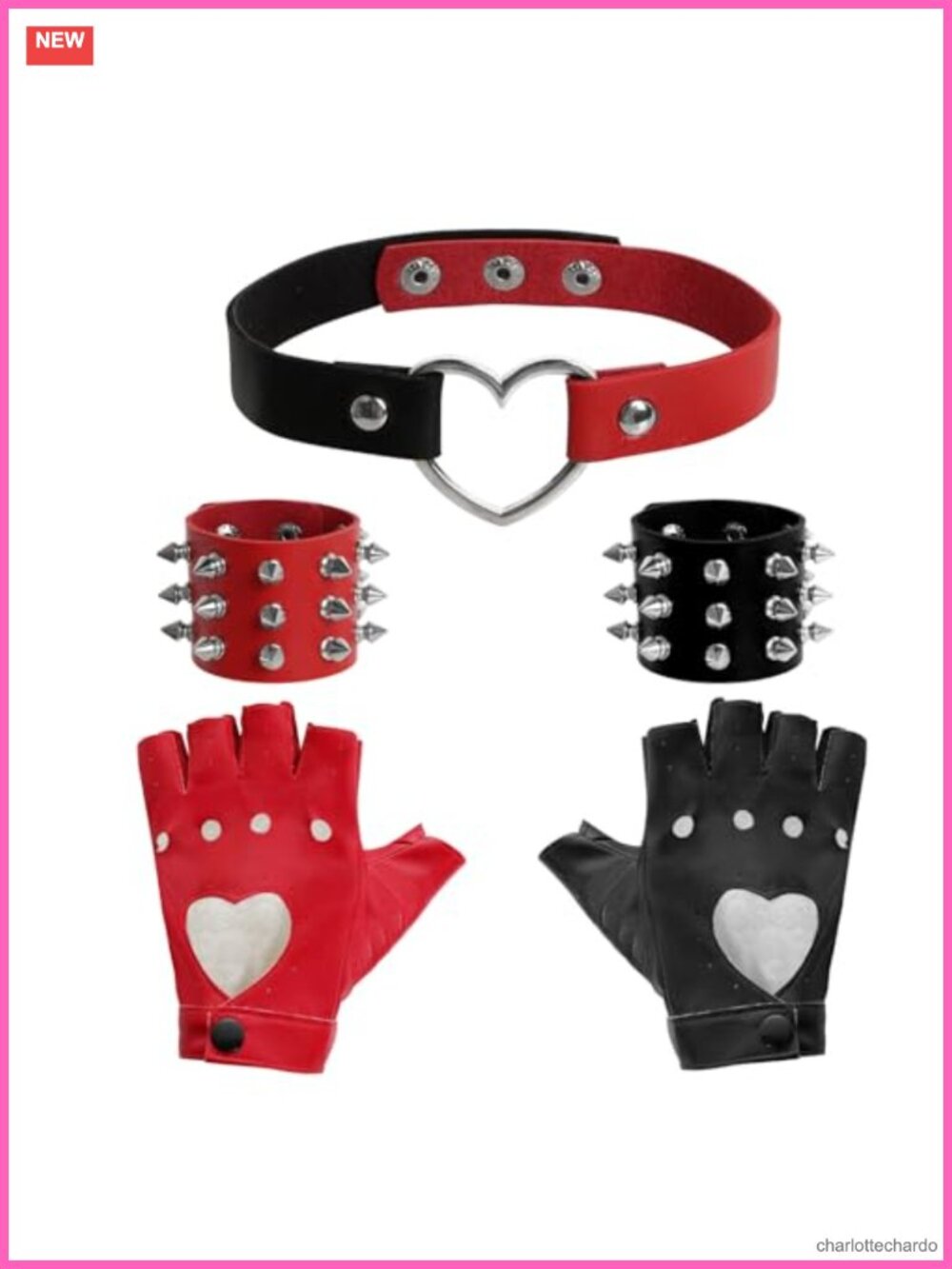 5 Pc Gothic Punk Accessories Set PU Leather Fingerless Gloves Choker Spike